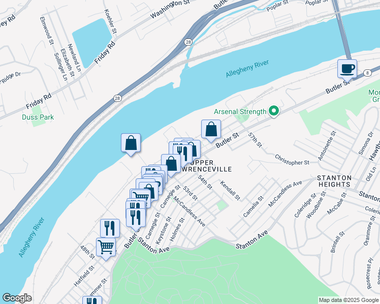 map of restaurants, bars, coffee shops, grocery stores, and more near 5410 Harrison Street in Pittsburgh