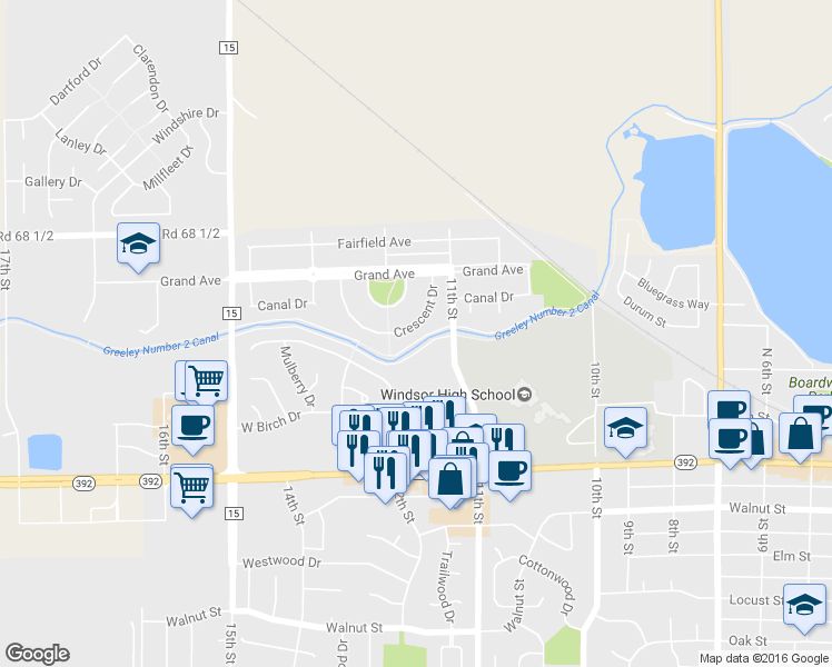 map of restaurants, bars, coffee shops, grocery stores, and more near 1125 Crescent Drive in Windsor