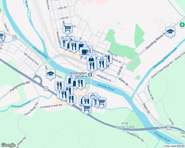 map of restaurants, bars, coffee shops, grocery stores, and more near in Huntingdon