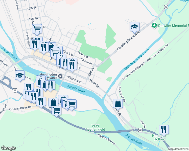map of restaurants, bars, coffee shops, grocery stores, and more near Locust Ave in Huntingdon
