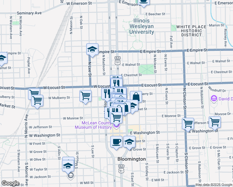 map of restaurants, bars, coffee shops, grocery stores, and more near 608 North Main Street in Bloomington