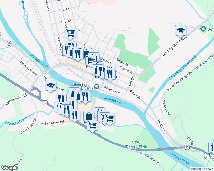 map of restaurants, bars, coffee shops, grocery stores, and more near 100 4th Street in Huntingdon