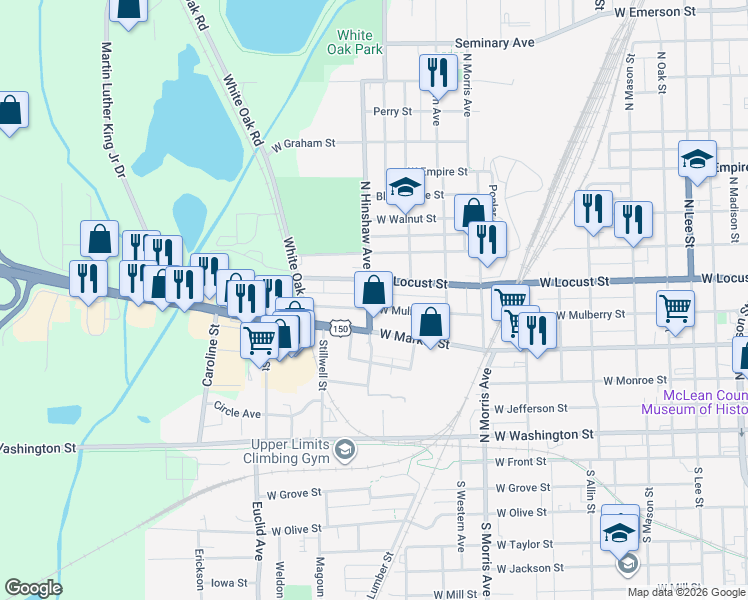 map of restaurants, bars, coffee shops, grocery stores, and more near 1331 W Mulberry St in Bloomington