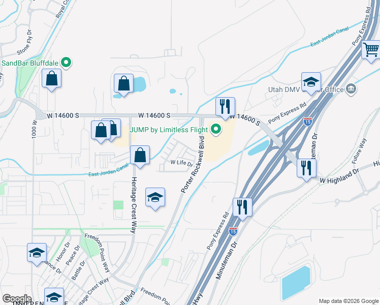 map of restaurants, bars, coffee shops, grocery stores, and more near 14745 Nob Lane in Bluffdale