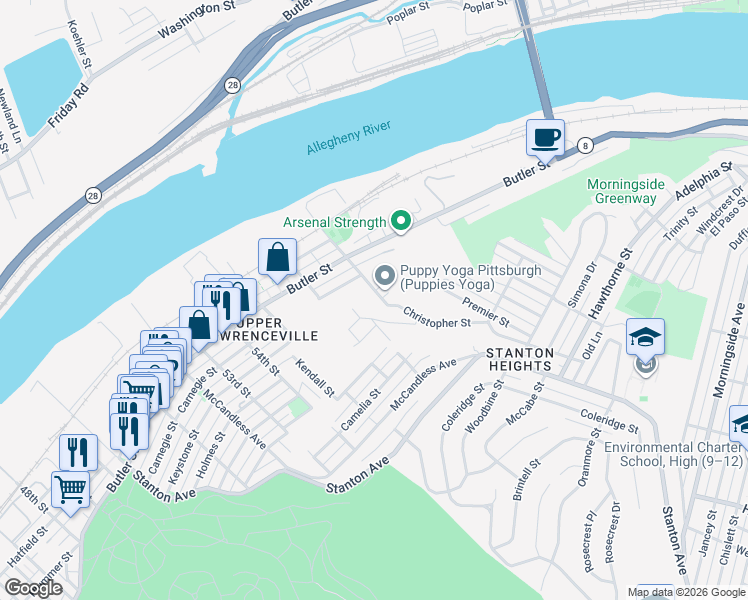 map of restaurants, bars, coffee shops, grocery stores, and more near 228 57th Street in Pittsburgh