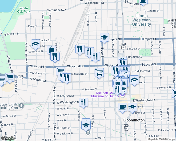 map of restaurants, bars, coffee shops, grocery stores, and more near 606 North Mason Street in Bloomington