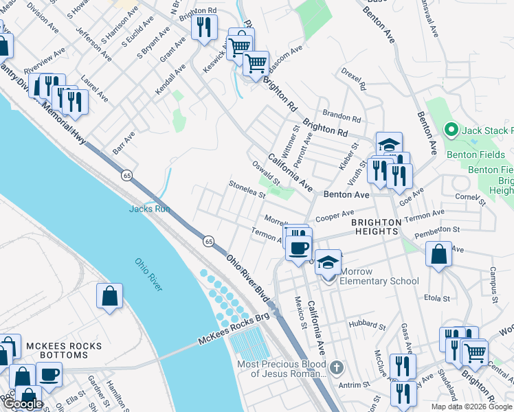map of restaurants, bars, coffee shops, grocery stores, and more near 3831 Hiawatha Street in Pittsburgh