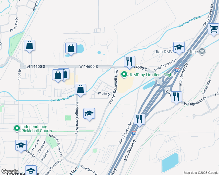 map of restaurants, bars, coffee shops, grocery stores, and more near 14745 Nob Lane in Bluffdale
