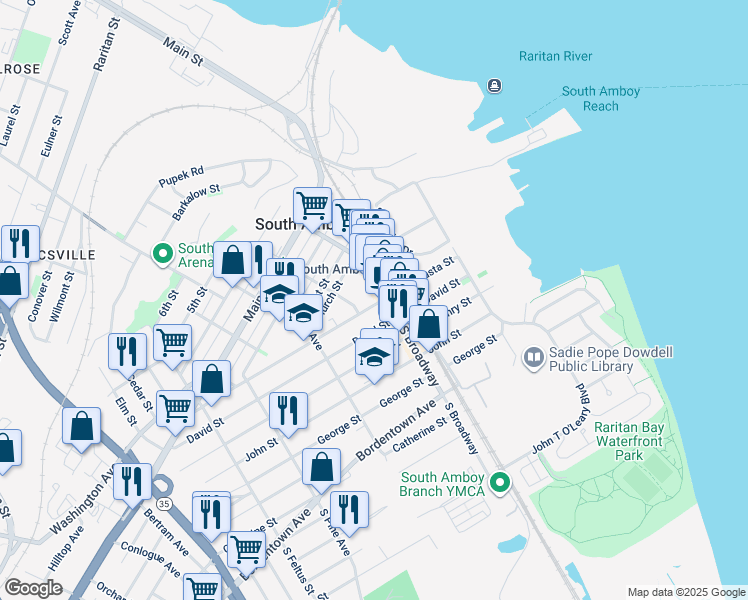map of restaurants, bars, coffee shops, grocery stores, and more near 224 Augusta Street in South Amboy