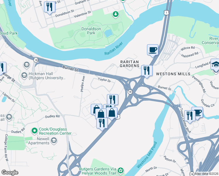map of restaurants, bars, coffee shops, grocery stores, and more near 8 Crest Road in New Brunswick