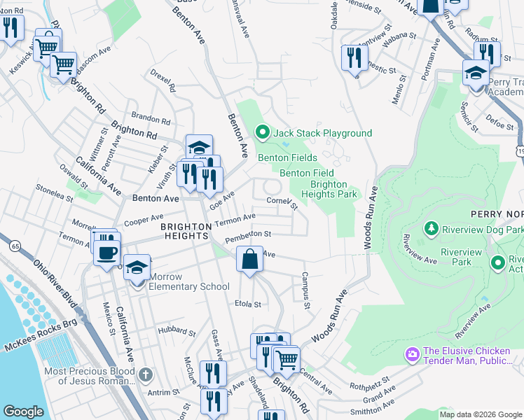 map of restaurants, bars, coffee shops, grocery stores, and more near 1161 Termon Avenue in Pittsburgh