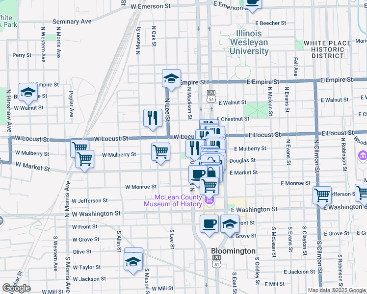 map of restaurants, bars, coffee shops, grocery stores, and more near 307 West Mulberry Street in Bloomington