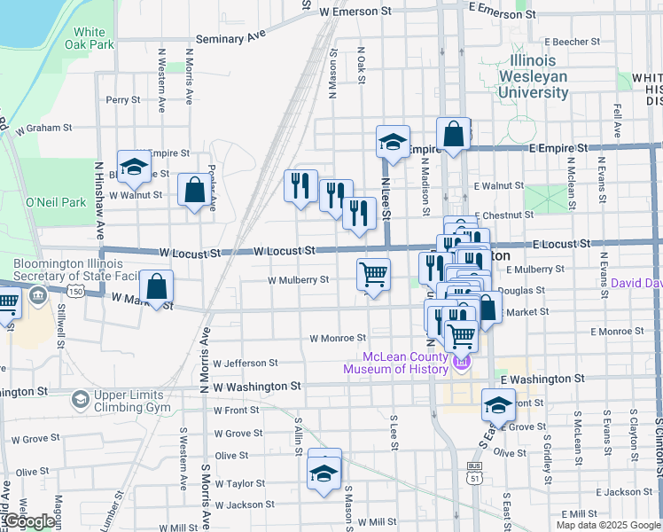 map of restaurants, bars, coffee shops, grocery stores, and more near 709 West Mulberry Street in Bloomington