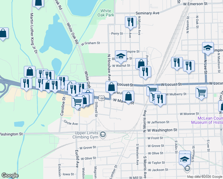 map of restaurants, bars, coffee shops, grocery stores, and more near 1331 West Mulberry Street in Bloomington