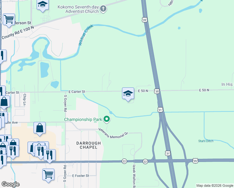 map of restaurants, bars, coffee shops, grocery stores, and more near 2801 East Carter Street in Kokomo