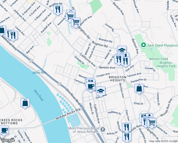 map of restaurants, bars, coffee shops, grocery stores, and more near 1706 Marmaduke Street in Pittsburgh