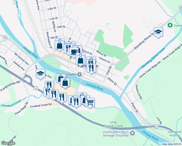 map of restaurants, bars, coffee shops, grocery stores, and more near in Huntingdon