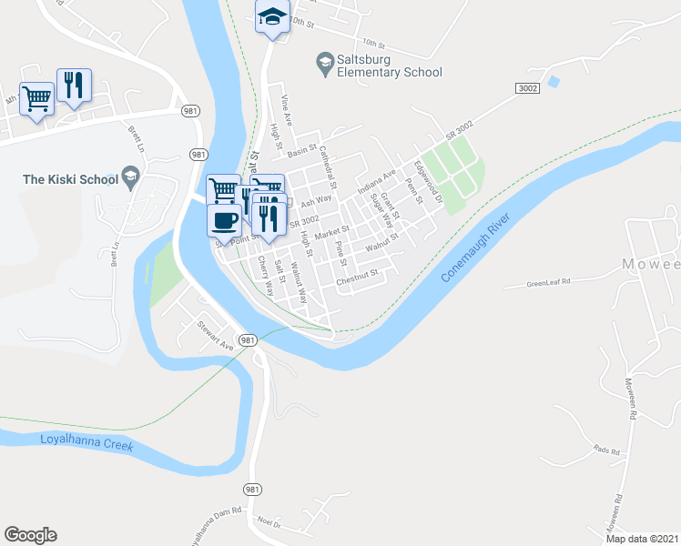 map of restaurants, bars, coffee shops, grocery stores, and more near 817 High Street in Saltsburg