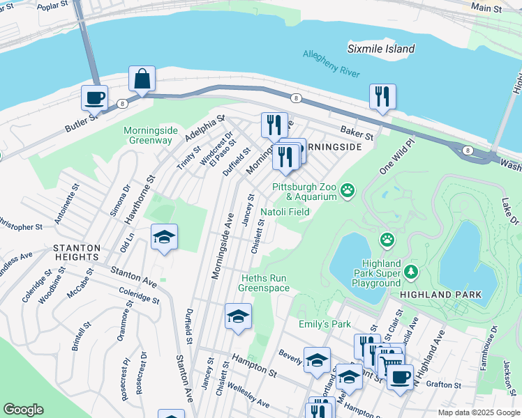 map of restaurants, bars, coffee shops, grocery stores, and more near 1641 Chislett Street in Pittsburgh