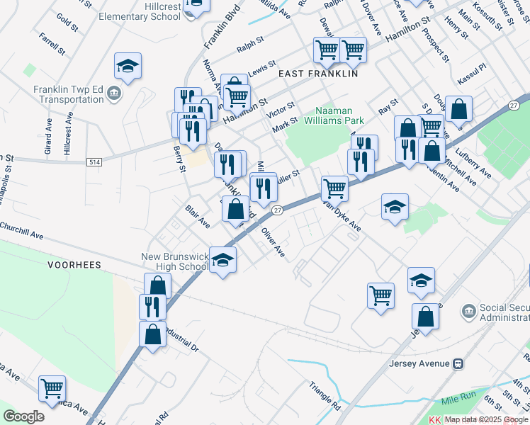 map of restaurants, bars, coffee shops, grocery stores, and more near 781 Somerset Street in Franklin Township