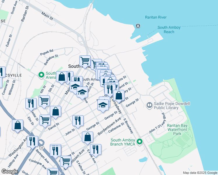 map of restaurants, bars, coffee shops, grocery stores, and more near 121 North Broadway in South Amboy