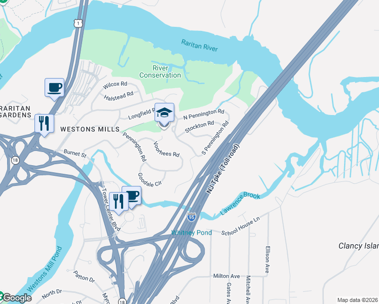 map of restaurants, bars, coffee shops, grocery stores, and more near 28 Voorhees Road in New Brunswick