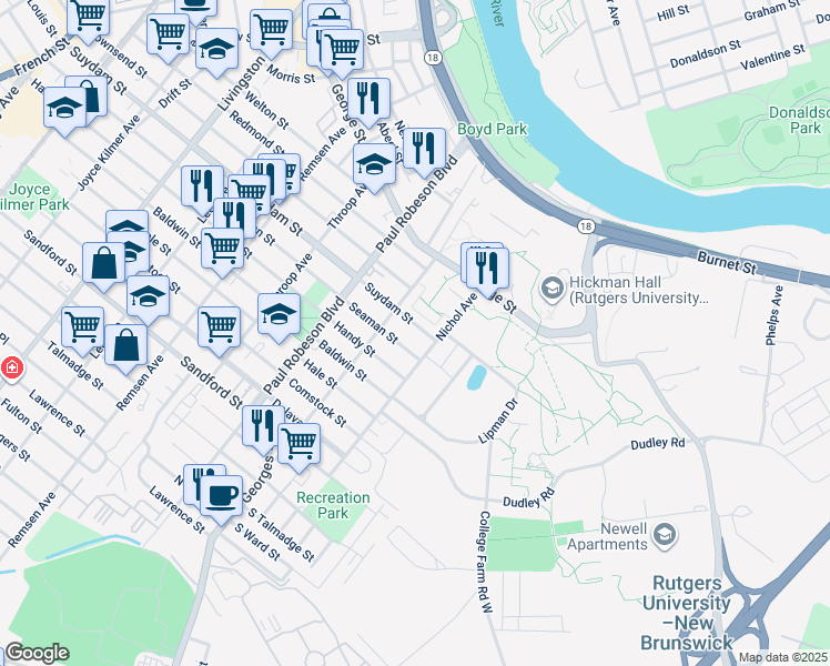 map of restaurants, bars, coffee shops, grocery stores, and more near 57 Nichol Avenue in New Brunswick