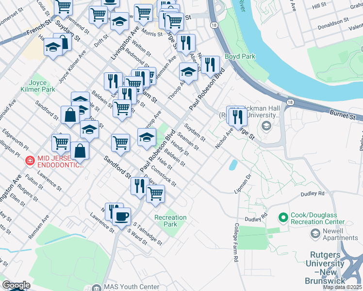 map of restaurants, bars, coffee shops, grocery stores, and more near 48 Handy Street in New Brunswick
