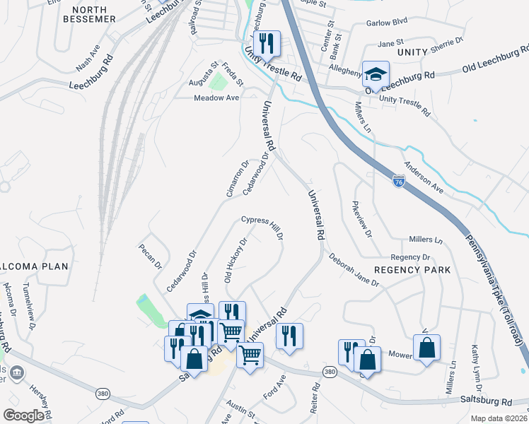 map of restaurants, bars, coffee shops, grocery stores, and more near 284 Cypress Hill Drive in Pittsburgh