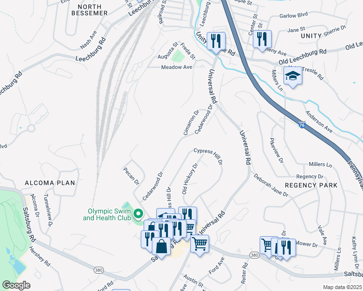 map of restaurants, bars, coffee shops, grocery stores, and more near 852 Cedarwood Drive in Pittsburgh