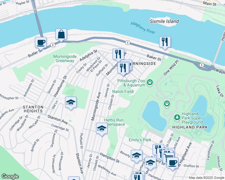 map of restaurants, bars, coffee shops, grocery stores, and more near 1641 Chislett Street in Pittsburgh
