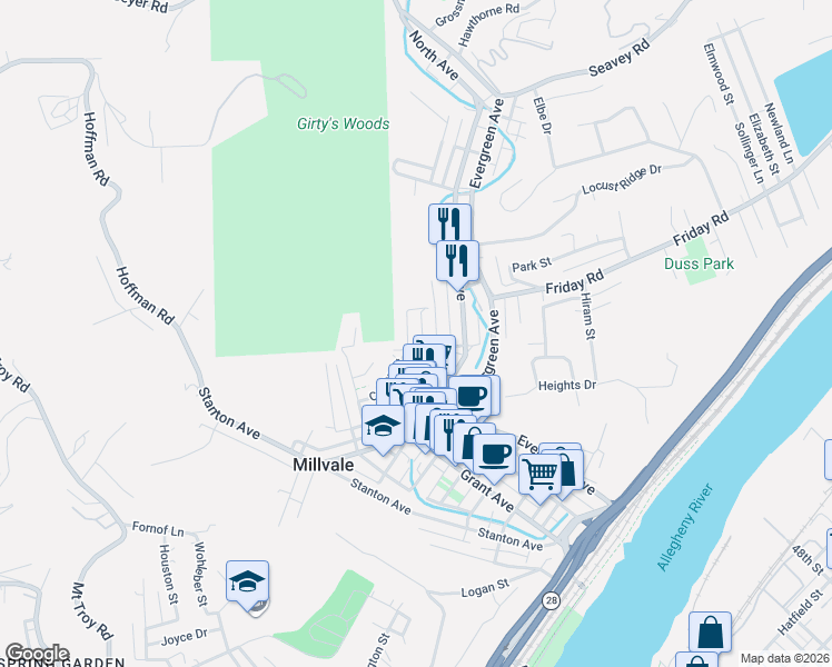 map of restaurants, bars, coffee shops, grocery stores, and more near 401 Colton Street in Pittsburgh