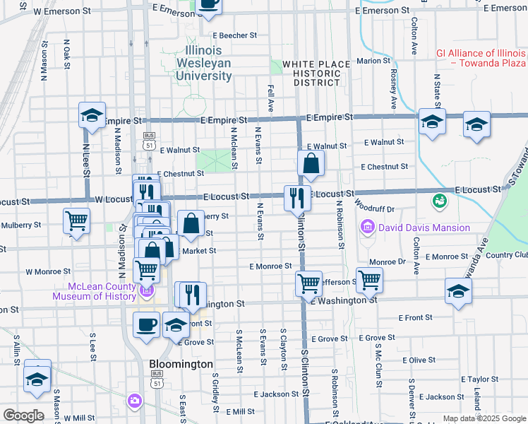 map of restaurants, bars, coffee shops, grocery stores, and more near 411 East Mulberry Street in Bloomington