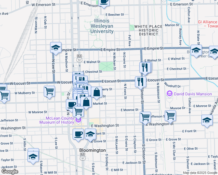 map of restaurants, bars, coffee shops, grocery stores, and more near 612 North Mclean Street in Bloomington