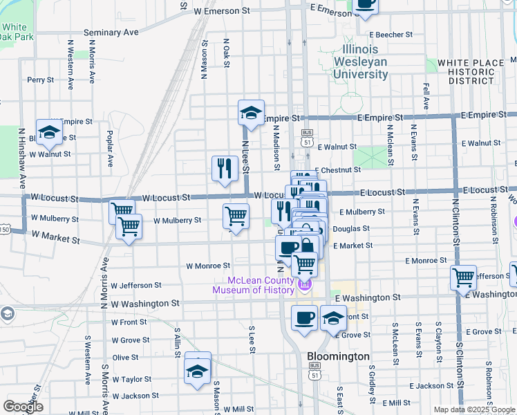 map of restaurants, bars, coffee shops, grocery stores, and more near 307 West Mulberry Street in Bloomington
