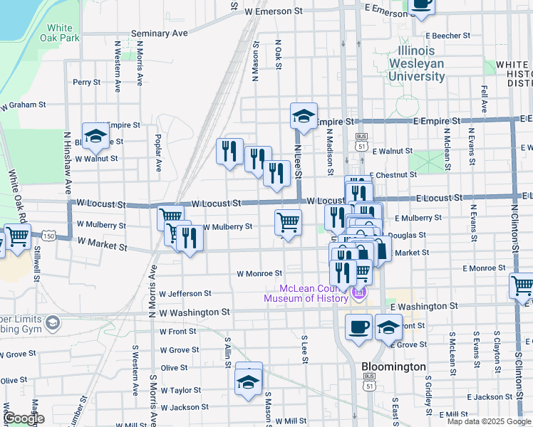 map of restaurants, bars, coffee shops, grocery stores, and more near 609 West Mulberry Street in Bloomington