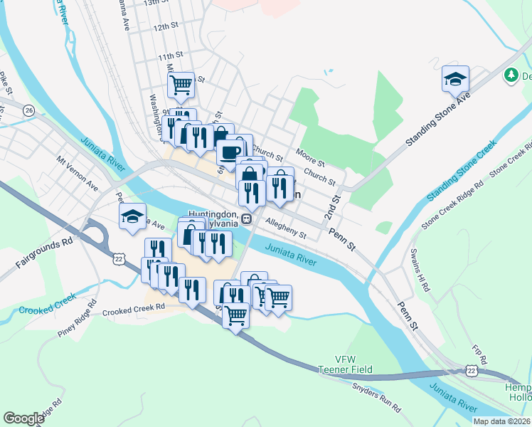 map of restaurants, bars, coffee shops, grocery stores, and more near 100 4th Street in Huntingdon