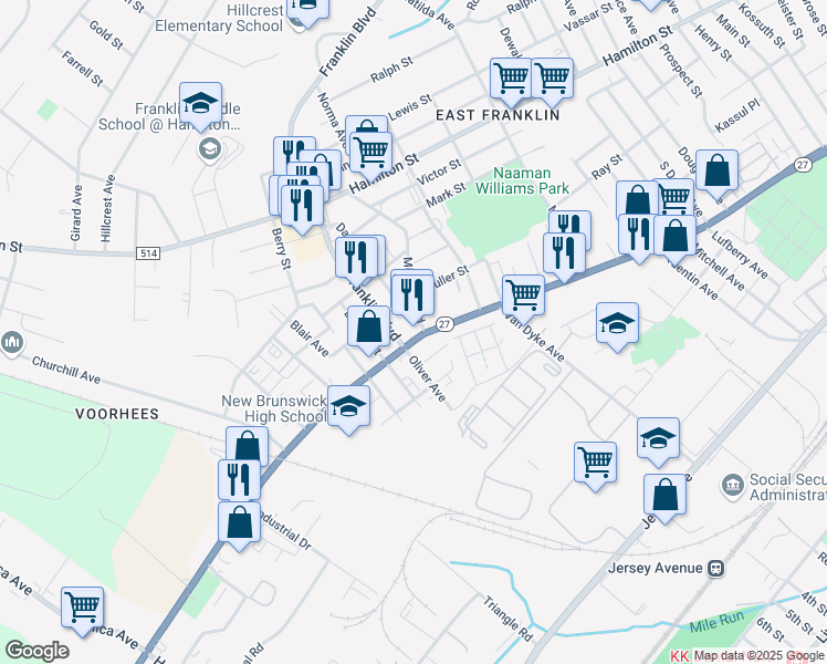 map of restaurants, bars, coffee shops, grocery stores, and more near 781 Somerset Street in Franklin Township