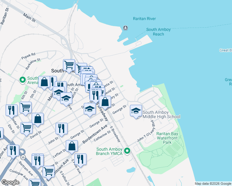 map of restaurants, bars, coffee shops, grocery stores, and more near 113 Henry Street in South Amboy
