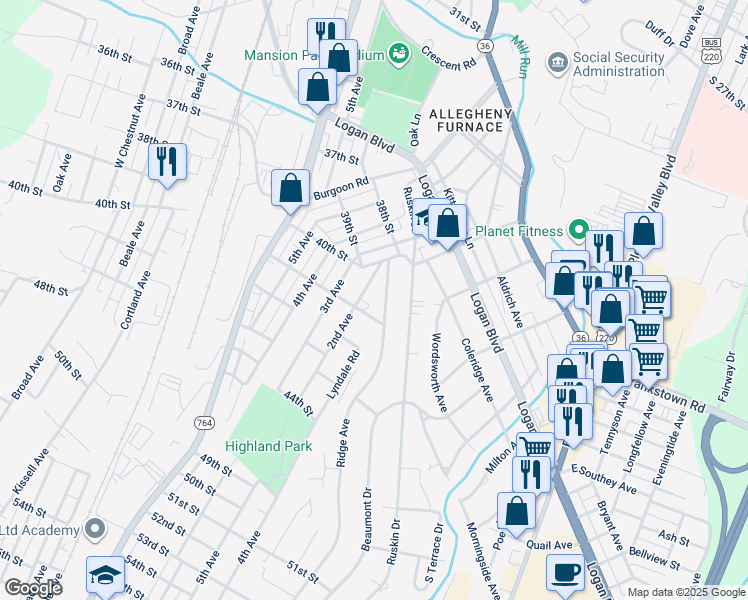 map of restaurants, bars, coffee shops, grocery stores, and more near 4030-40 Ridge Avenue in Altoona