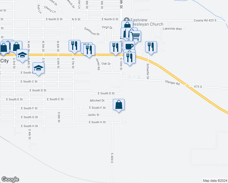 map of restaurants, bars, coffee shops, grocery stores, and more near 851 East South D Street in Gas City