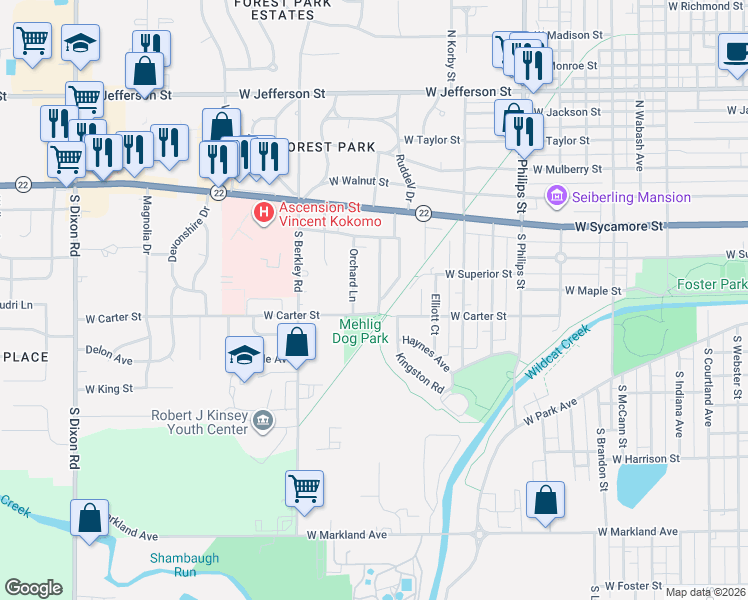 map of restaurants, bars, coffee shops, grocery stores, and more near 1702-1710 West Carter Street in Kokomo