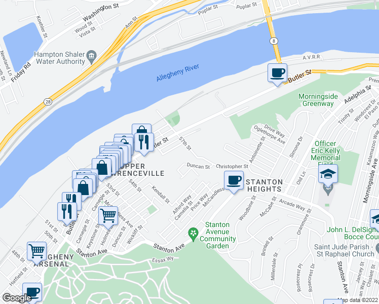 map of restaurants, bars, coffee shops, grocery stores, and more near 228 57th Street in Pittsburgh
