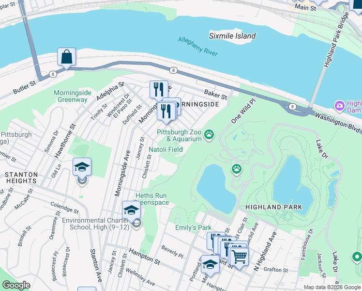 map of restaurants, bars, coffee shops, grocery stores, and more near 1730 Antietam Street in Pittsburgh