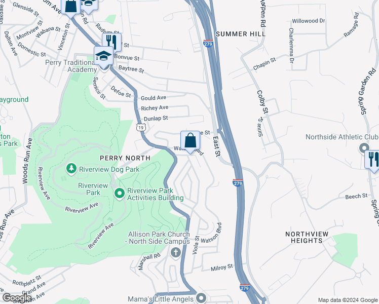 map of restaurants, bars, coffee shops, grocery stores, and more near 3452 Delaware Street in Pittsburgh