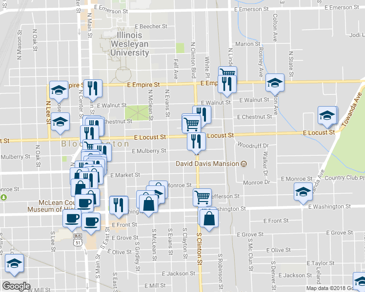 map of restaurants, bars, coffee shops, grocery stores, and more near 510 1/2 East Mulberry Street in Bloomington