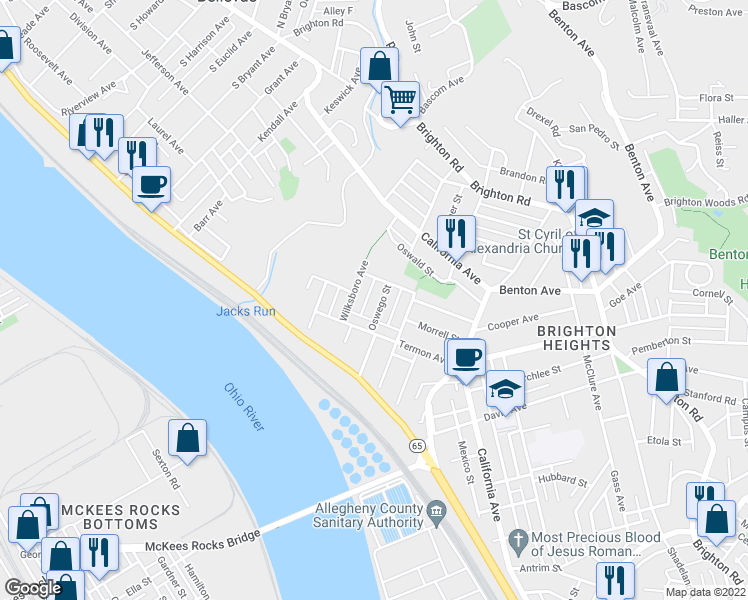 map of restaurants, bars, coffee shops, grocery stores, and more near 2048 Termon Avenue in Pittsburgh