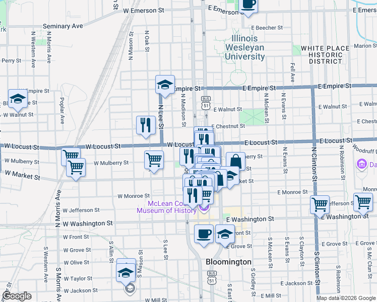 map of restaurants, bars, coffee shops, grocery stores, and more near 202 West Locust Street in Bloomington