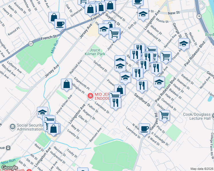 map of restaurants, bars, coffee shops, grocery stores, and more near 227 Howard Street in New Brunswick