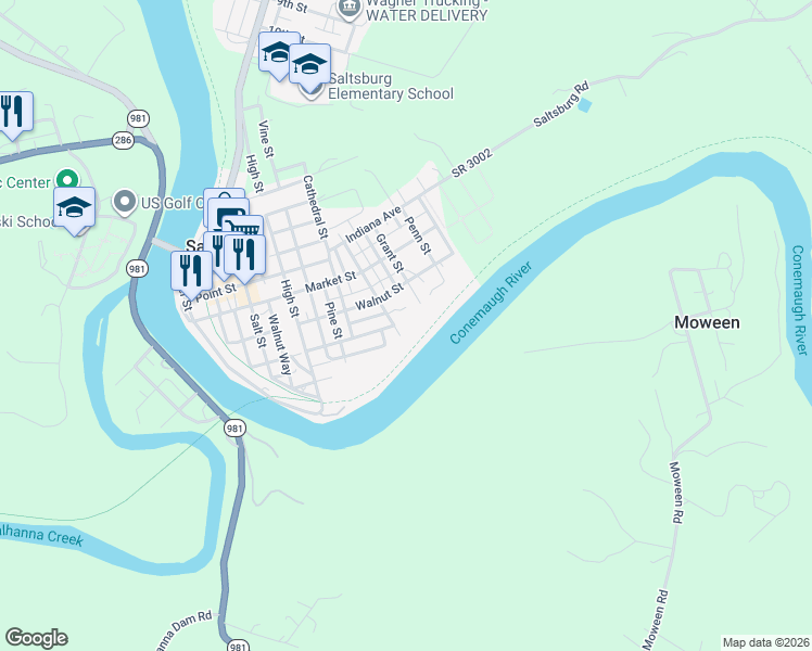 map of restaurants, bars, coffee shops, grocery stores, and more near 528R Chestnut Street in Saltsburg